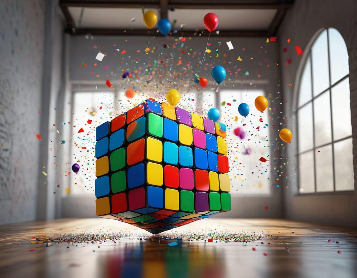 A colorful Rubik's Cube floating in a bright, three-dimensional space, with beams of light radiating from its sides, symbolizing joy and creativity. Surround the cube with playful, geometric shapes and vibrant patterns to embody the fun of solving it. In the background, depict a whimsical landscape filled with joyful elements like balloons and confetti. super-realistic. vibrant colors. 3D.