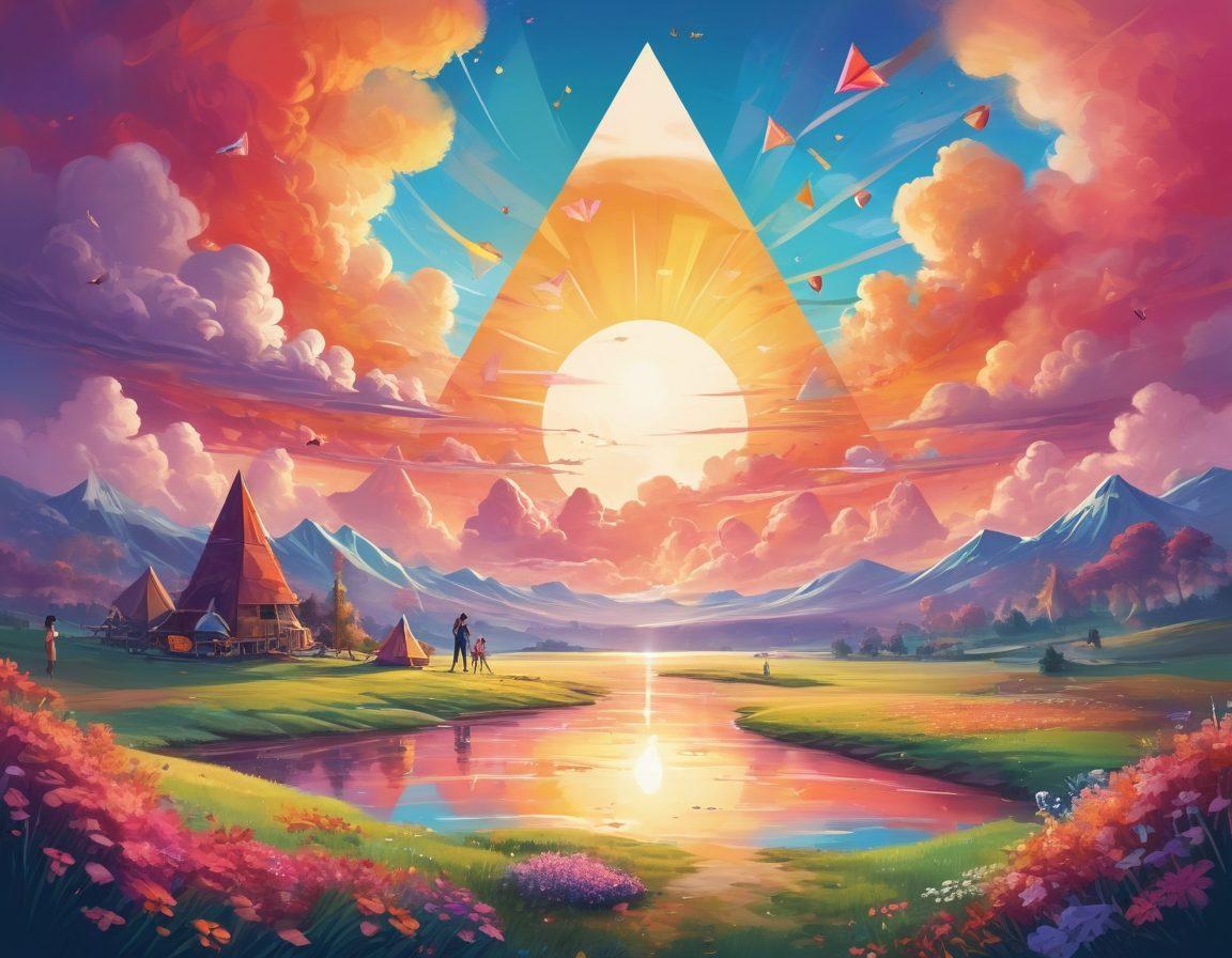 A whimsical landscape featuring vibrant geometric shapes like triangles, circles, and squares floating in a bright sky. In the foreground, a diverse group of joyful people is engaging in playful activities, showcasing a sense of fun and contentment. Soft, colorful clouds drift by, and rays of sunshine illuminate the scene. The overall atmosphere conveys happiness and adventure, inviting viewers to embark on a journey towards mood elevation. colorful vector art. vibrant colors. playful style.