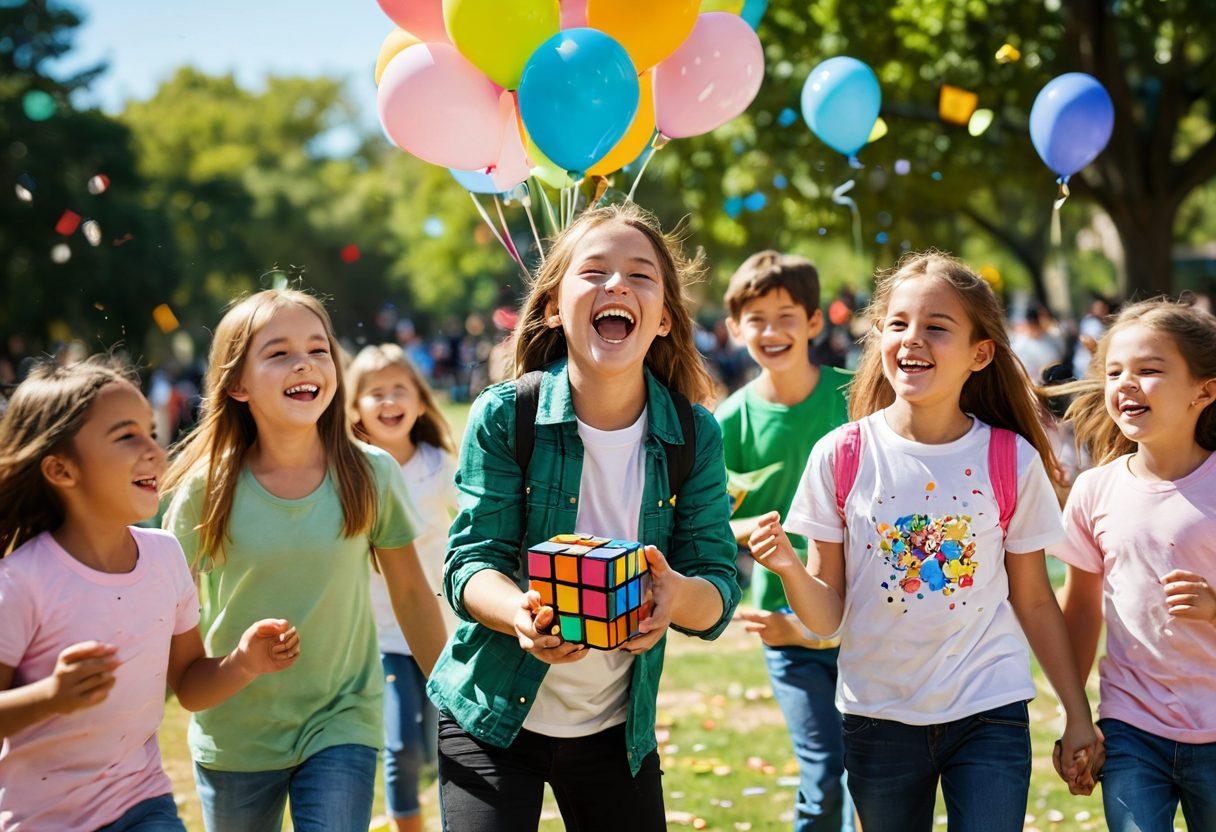 A colorful Rubik's Cube in mid-solve, surrounded by lively children laughing and playing in a sunlit park. Bright balloons and confetti float in the air, emphasizing joy and exuberance. Vivid hues of pink, blue, yellow, and green create a cheerful atmosphere, inviting the viewer to feel the excitement. super-realistic. vibrant colors. high contrast.